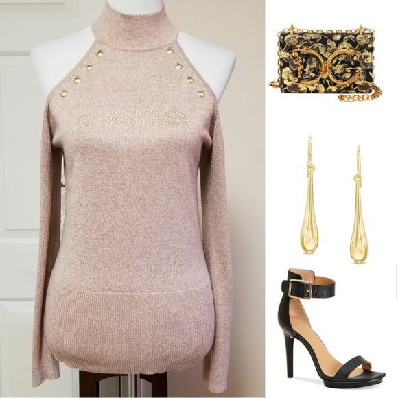 bebe Sweaters - 🆕️bebe Sexy Metallic Cold Shoulder Logo Sweater